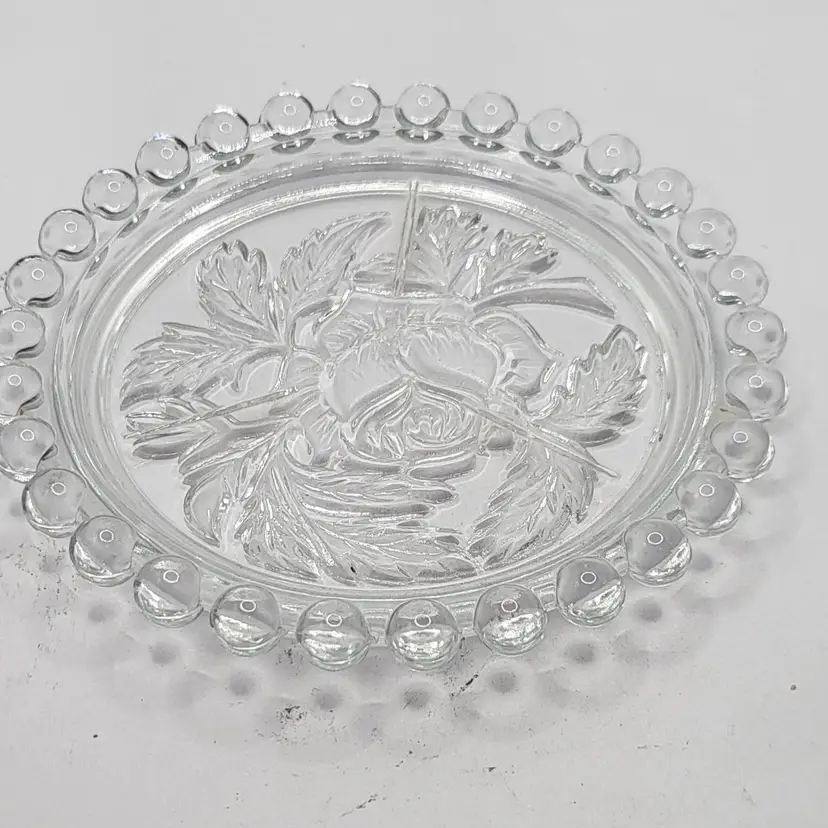 Set of 3 Vintage Clear Glass Coaster with Floral Design and Beaded Bubble Rim 4.5" Made in Germany