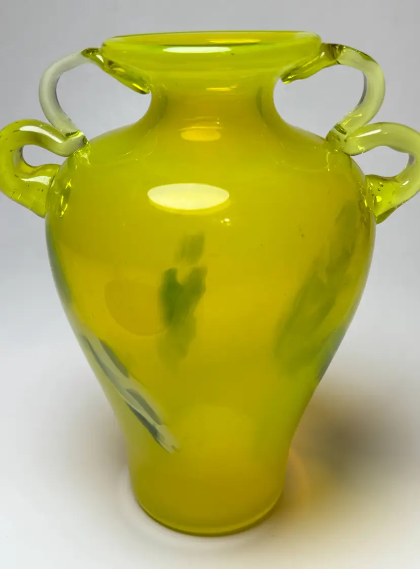 Hand Blown 7" Yellow Art Glass Vase w/ Applied Handles GLOWS READ