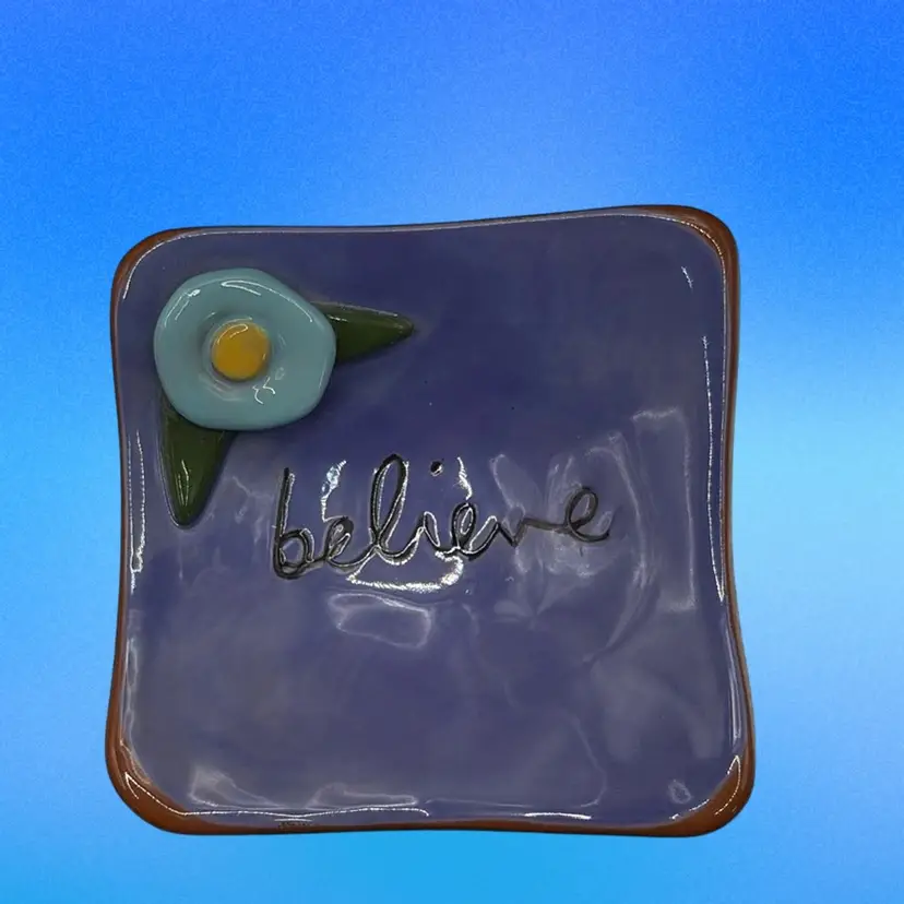 Believe Trinket Dish Purple Blue Flower For Department 56 By Sandra Magsamen 3 1/2” Square