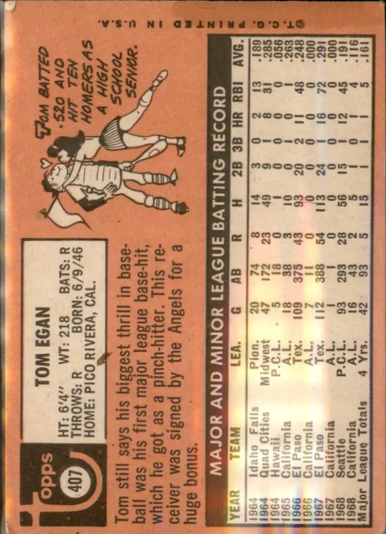 1969 Topps #407 Tom Egan - (pk3) - California Angels