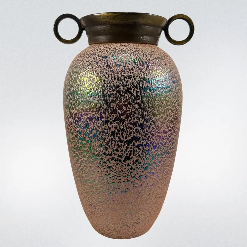 Textured Iridescent Glass Vase With Metal Double Looped Collar, Rainbow Flecked Glass Urn Vase With Metal Handles