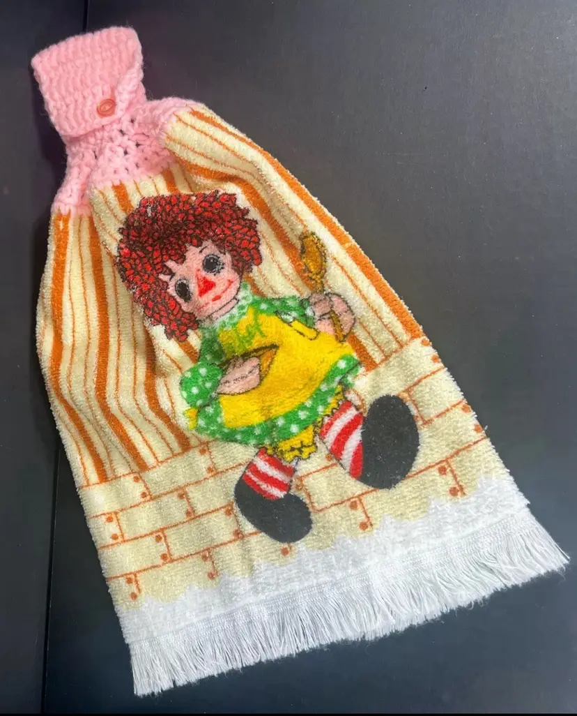 VTG Hand Towel Kitchen Crochet Top Hang Handle Button Handmade Raggedy Ann 76”