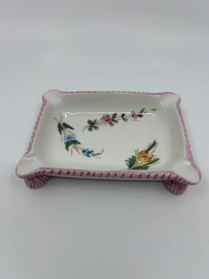 Vintage Pink & White Footed Floral Hand Painted Ashtray/Trinket/Soap Dish Italy