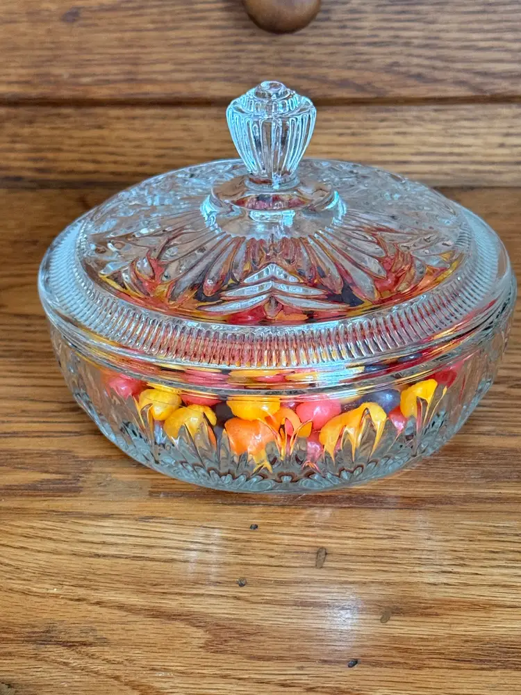 Vintage Avon Glass Candy Dish with Lid, Clear Pressed Glass Trinket Bowl, Cottage Decor, Small Lidded Dish, Vanity Storage, 6 Inch Bowl