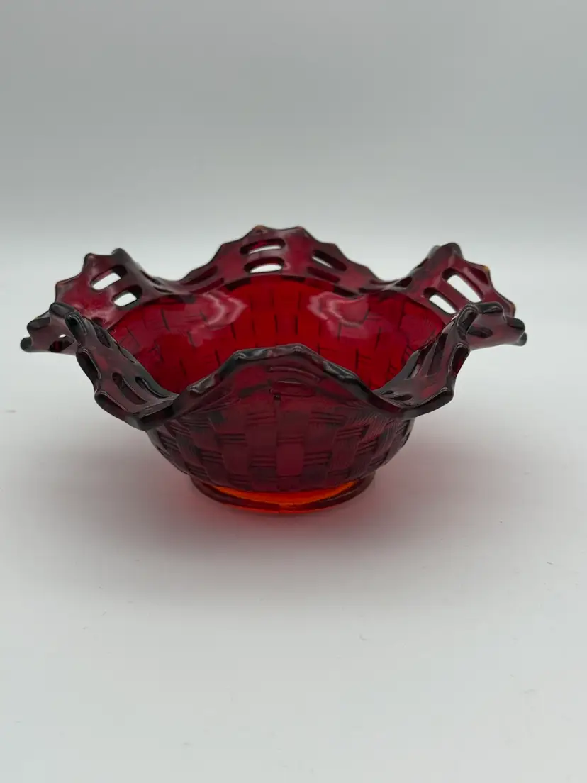 1940s Fenton Red Amberina Glass Basket Weave Pattern Bowl Open Lace Crimpled Rim