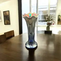 Fenton Ice Cobalt Blue Carnival Glass Swung Vase Rib Optic 8” Tall