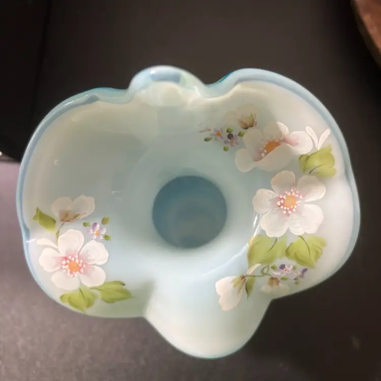 Fenton Sea Blue Jack In The Pulpit Vase With Hand Painted Flowers - Signed With Sticker