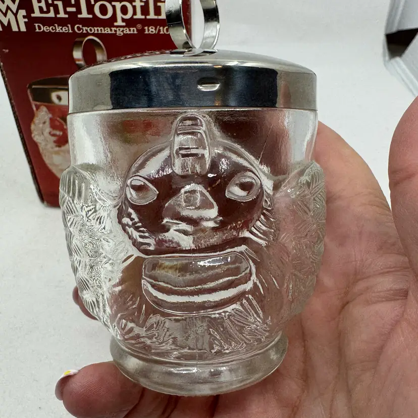 WMF glass egg cup with Cromargan 18/10 lid and ring handle, With Original Box