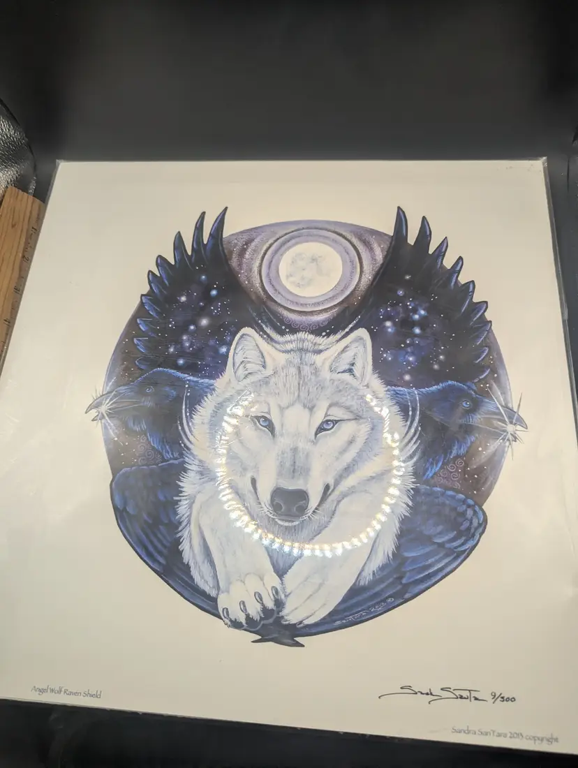 Lovely Angel Wolf Raven Shield Print By Sandra San Tara Signed Numbered 9/500