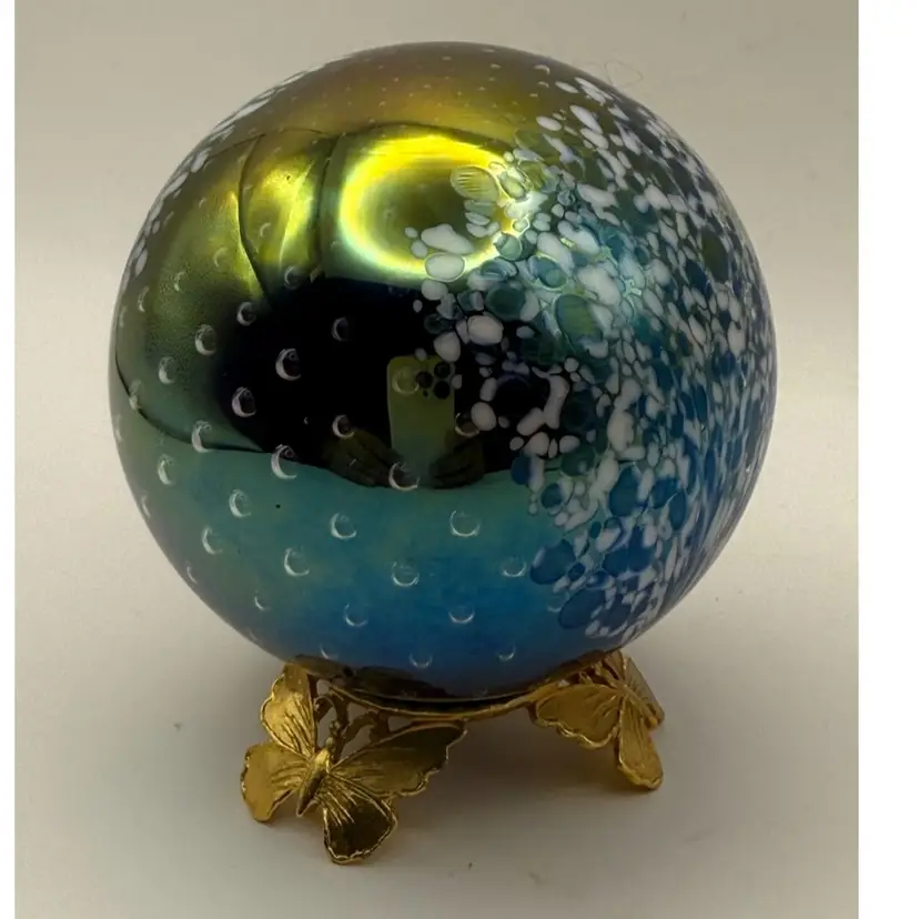 Vintage Glass Eye Studio Iridescent Bullicante Art Glass Paperweight Marked