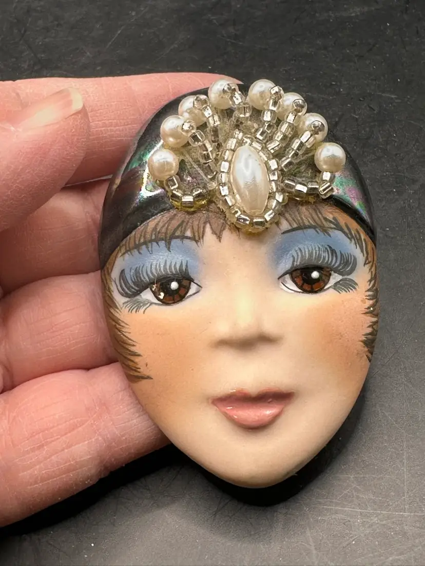 Vintage Signed Hand-Painted Face Head Pin MIRAY