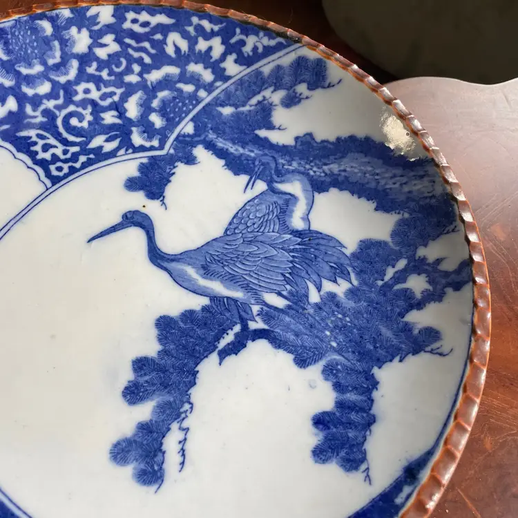 Antique Meiji Japanese Igezara Transferware Plate 12” Flow Blue White Brown