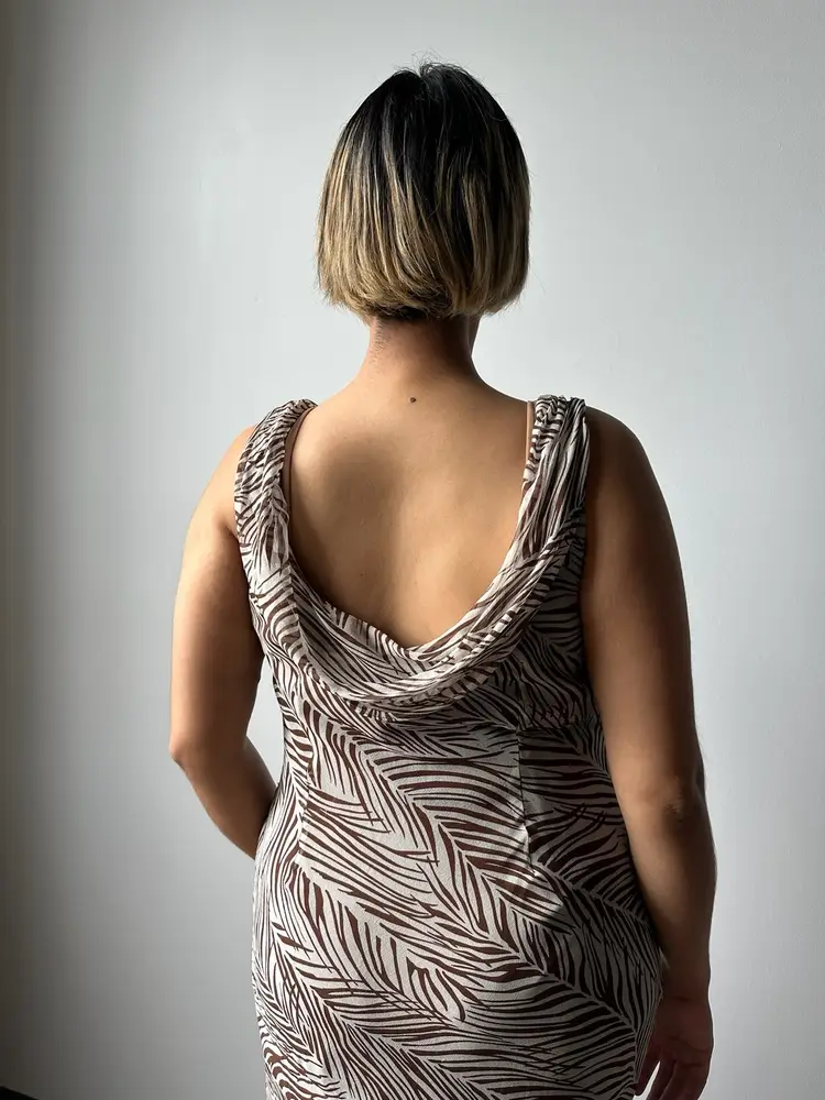 Botanical Abstract Silk Cowl Neck Beaded Maxi Dress