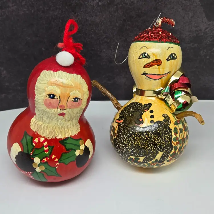 Vintage Snowman and Santa Christmas Gourd Ornaments, Hand Painted, Signed 1990s