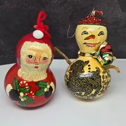 Vintage Snowman and Santa Christmas Gourd Ornaments, Hand Painted, Signed 1990s