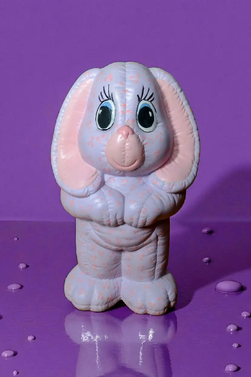 Vintage Quilted Ceramic Bunny Rabbit Mold Figurine Kitschy Purple Fuzzy Tail