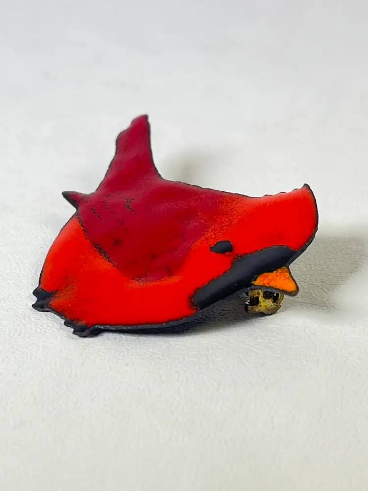 Handmade Enamel On Copper Cardinal Bird Pin Metal Brooch