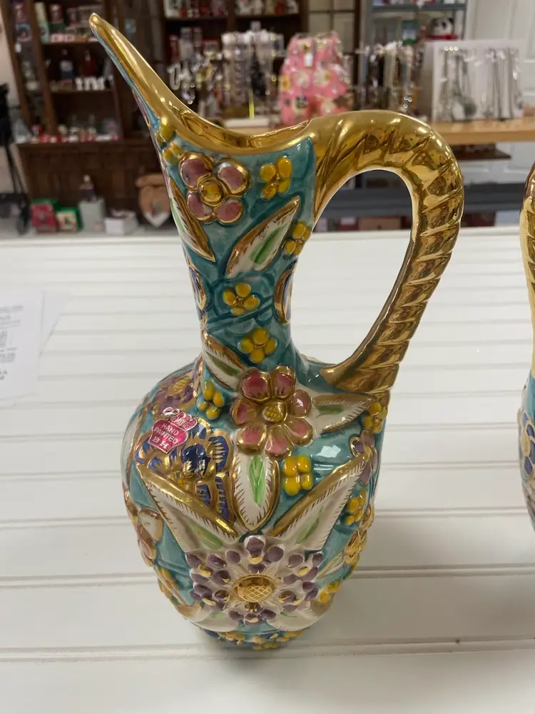 Pair of Vintage Belgium Art Pottery Gold Multi-Color Floral Pitcher / Ewer