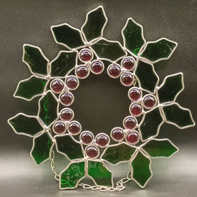 Stained Glass Holly and Berries Christmas Wreath with Chain 10 inch diameter