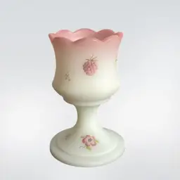 Fenton Berries & Blossoms White Satin Glass Footed Votive Holder Hand Painted and Signed