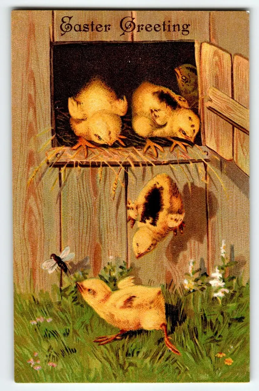 Easter Postcard Baby Chick Chases Flying Insect Bug Barn Door Embossed Germany