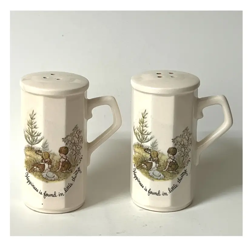 Holly Hobbie Porcelain Salt & Pepper Shakers with Handle 'Happiness is Found in Little Things' Japan 3.8 in Height