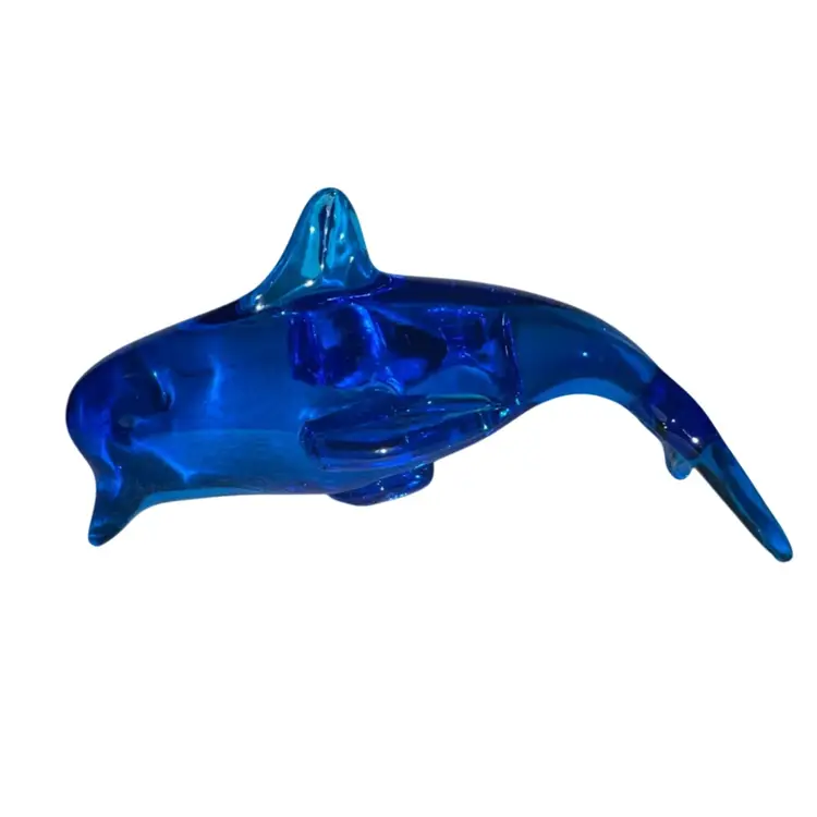 Art Glass Blue Hand Blown Dolphin  3.25” Tall X 6” X 3”