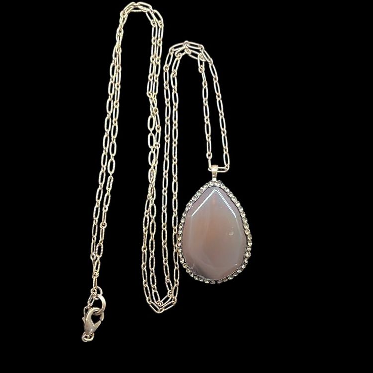 Vintage Agate Stone & Rhinestone 36" Silver Tone Necklace #F-4