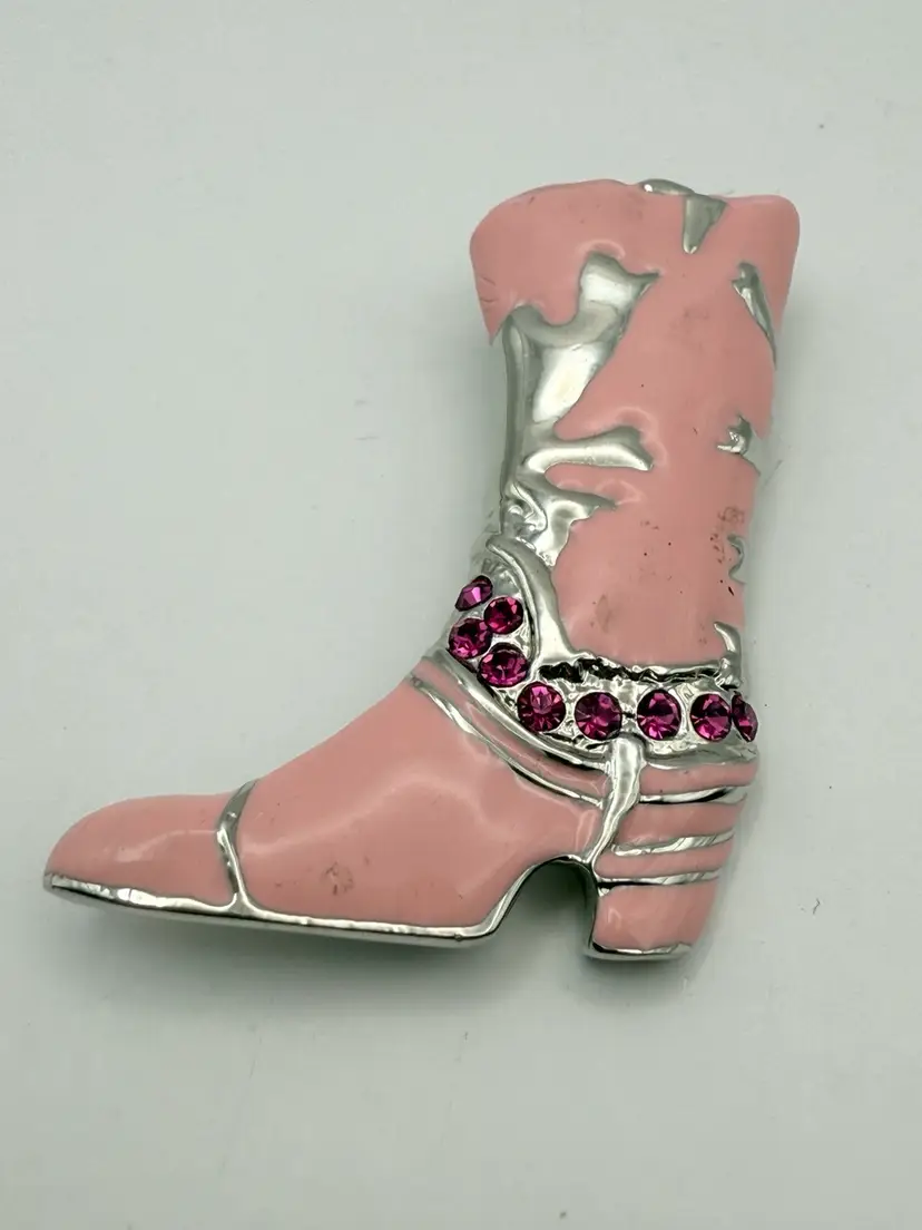 Pink  Silver Tone Jeweled Enamel Boot Brooch Or Pendant