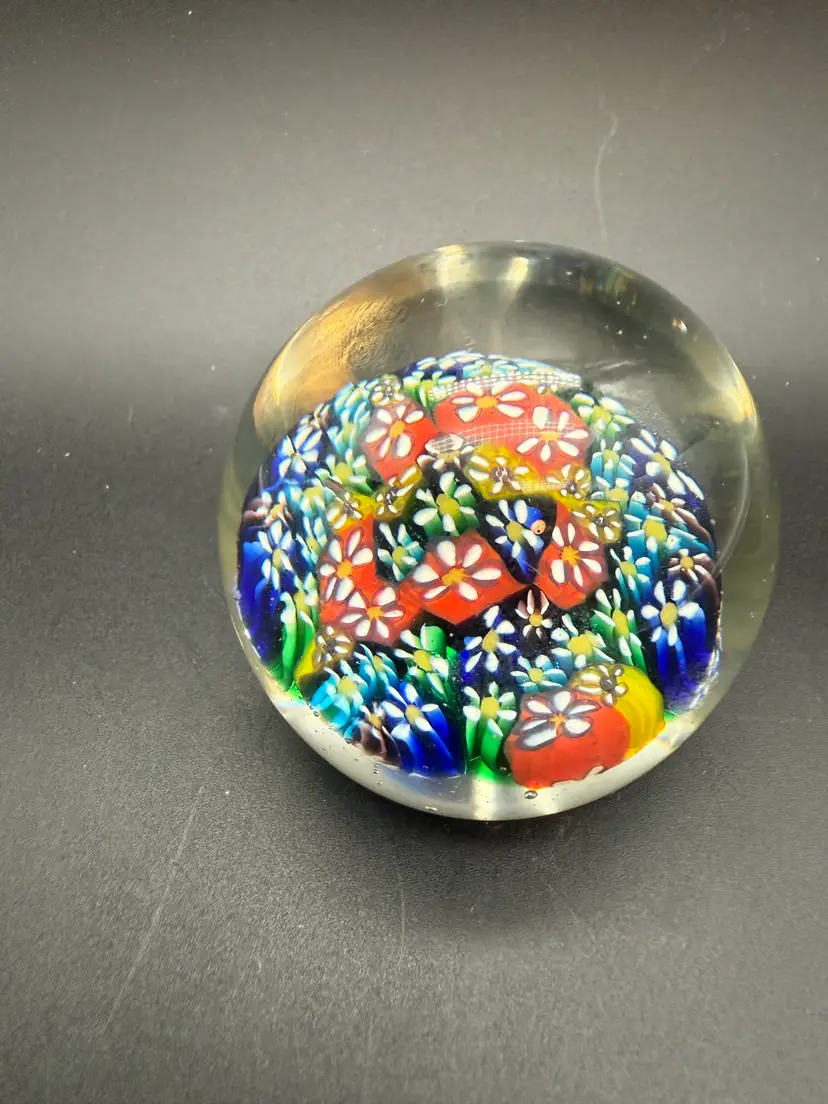 Vintage Millefiori Art Glass Paperweight Italy Flower