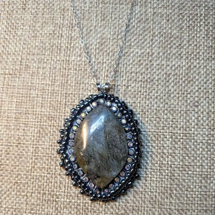MLCA Creations Handcrafted Labradorite Gemstone Cabochon Beaded Pendant with Silver-Tone Chain Necklace