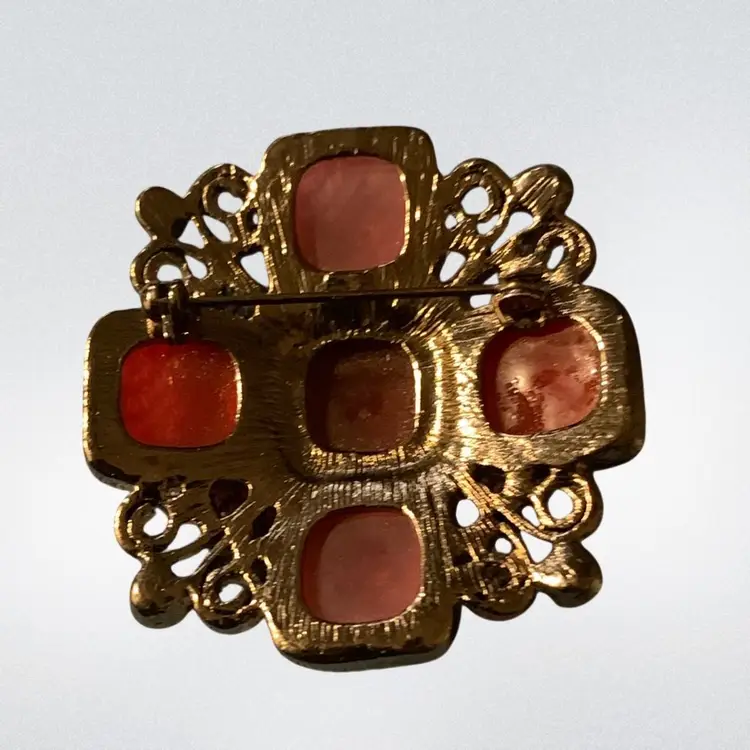 Dark Metal 3 Shades Of Cranberry Square Rhinestones And Smaller Rhinestones Set In Filigree Design 1.5” X 1.5”