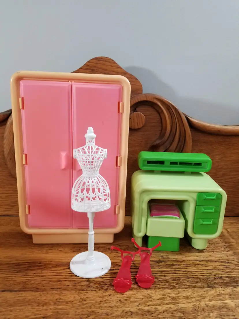 Vintage Barbie Furniture Lot – Wardrobe Cabinet, Desk, Dress Form & Shoes – Mattel