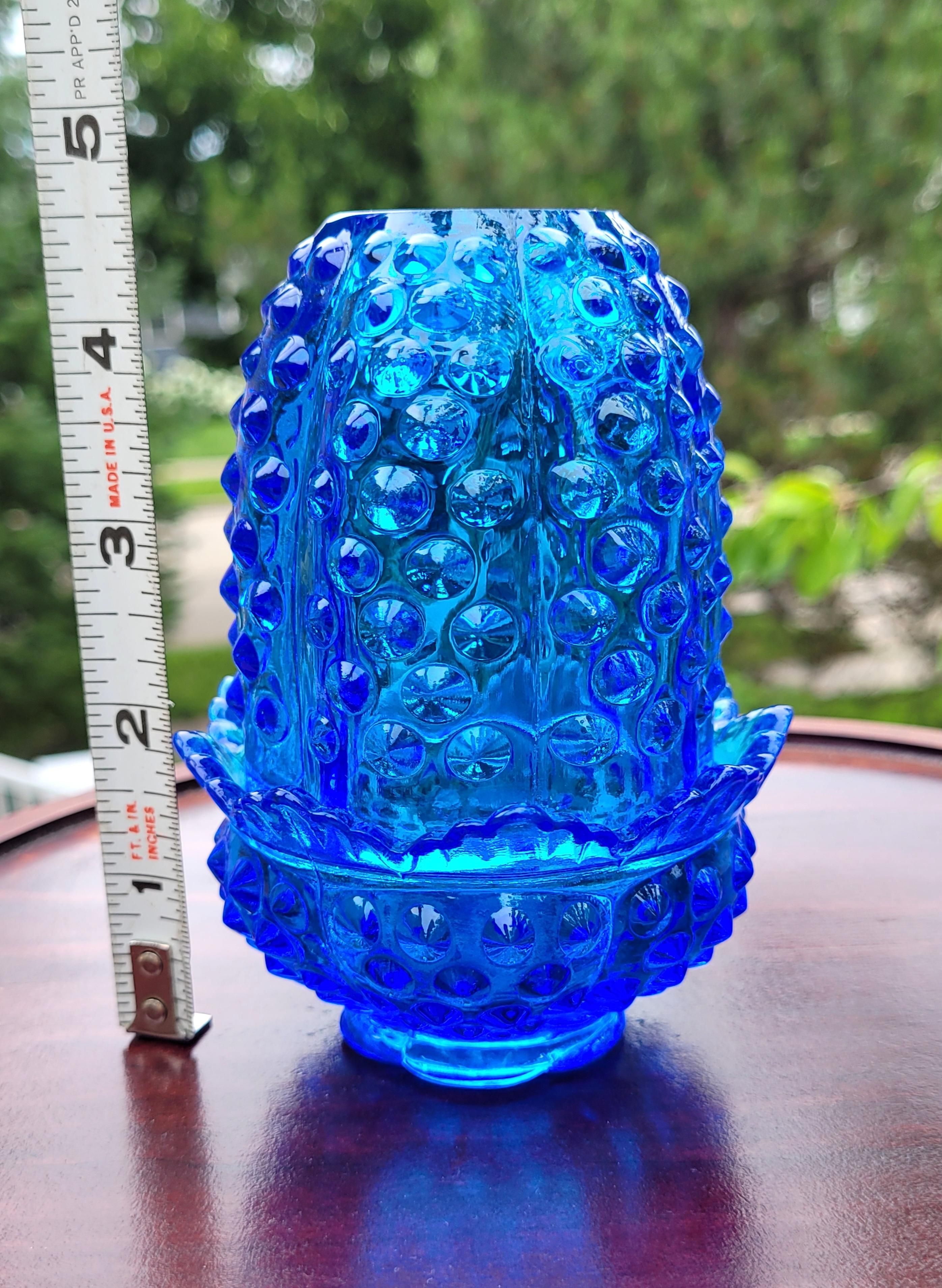 Vintage Fenton Cobalt Blue Fairy Lamp Hobnail Glass Votive 2 Piece