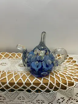 Blue Flower Art Glass Teapot Paperweight 3 3/4x4