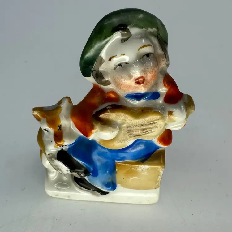 Occupied Japan Boy Playing Guitar With Dog Porcelain Figurine