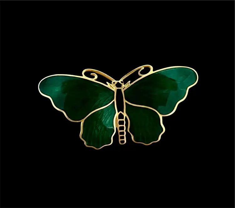 Vintage Green Enameled Butterfly Matte Goldtone Signed Sporrong & Co. Stockholm,