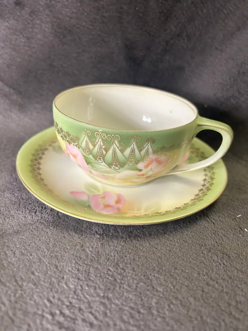 Rare Vintage RS Germany Tea Cup & Saucer Pink Green & Gold Floral