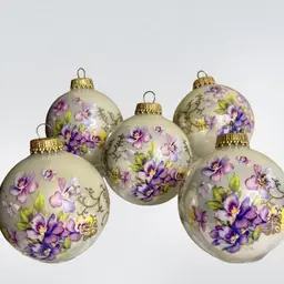 Vintage Glass Ball Ornaments Set of 6 The Magic of Silvestri Ivory W/Violet Flowers  Made USA READ