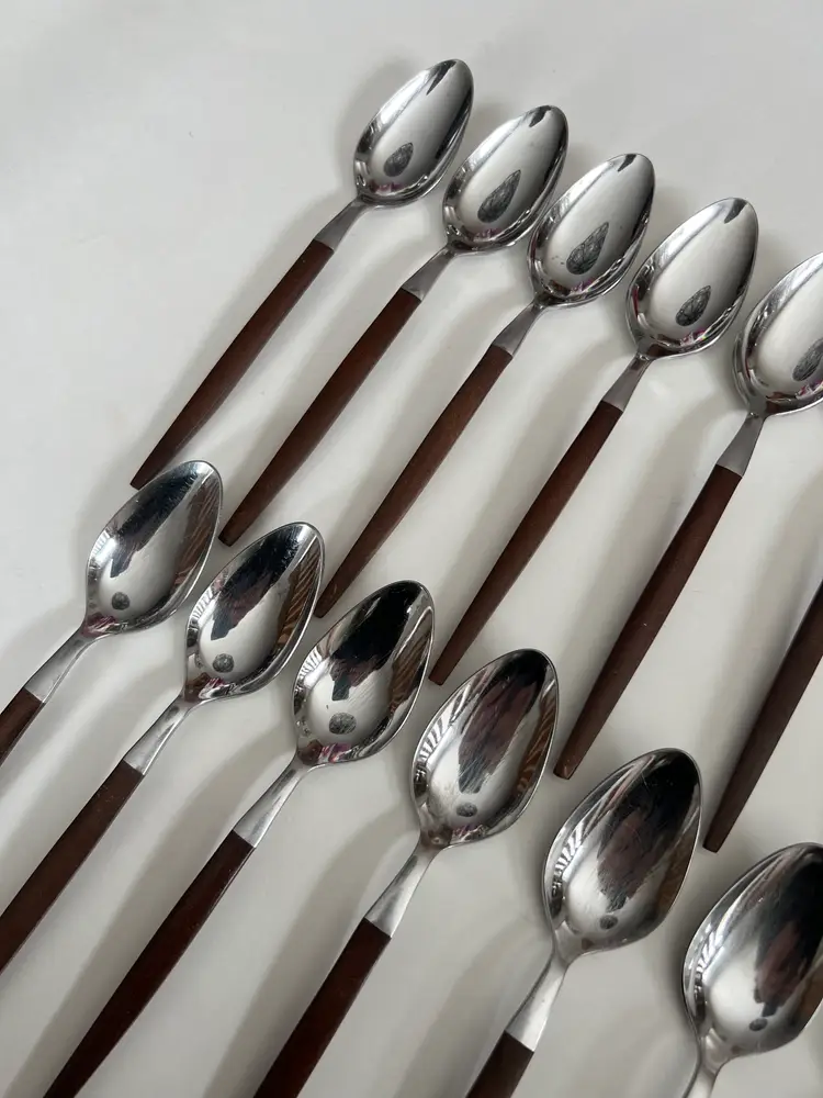 Vintage Ecko Eterna Wood Handle MCM Spoons. (13) Silverware Flatware Forged Stainless MCM