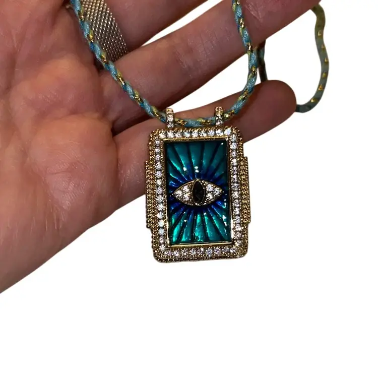 #01 - Evil Eye Amulet Necklace On Braided Cord, 14K Gold Plate w/ Rhinestones & Enamel 20” Adjustable