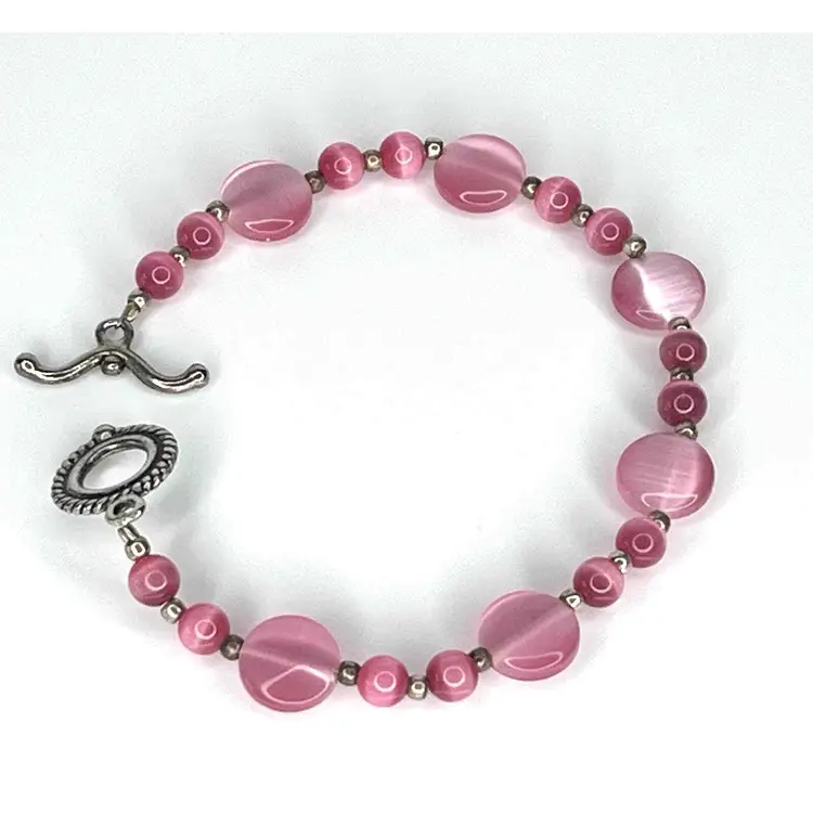 VTG Light Pink Tigers Eye BEADED BRACELET 9" Glass & Silver Beads Toggle Clasp