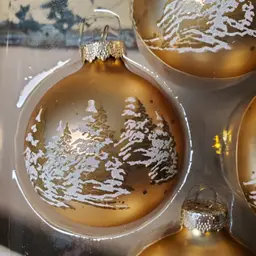 Set of 4 Gold Glass Ornaments with Trees