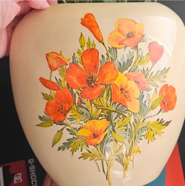 Vintage Japanese Floral Ceramic Vase with Poppy Design 9x9