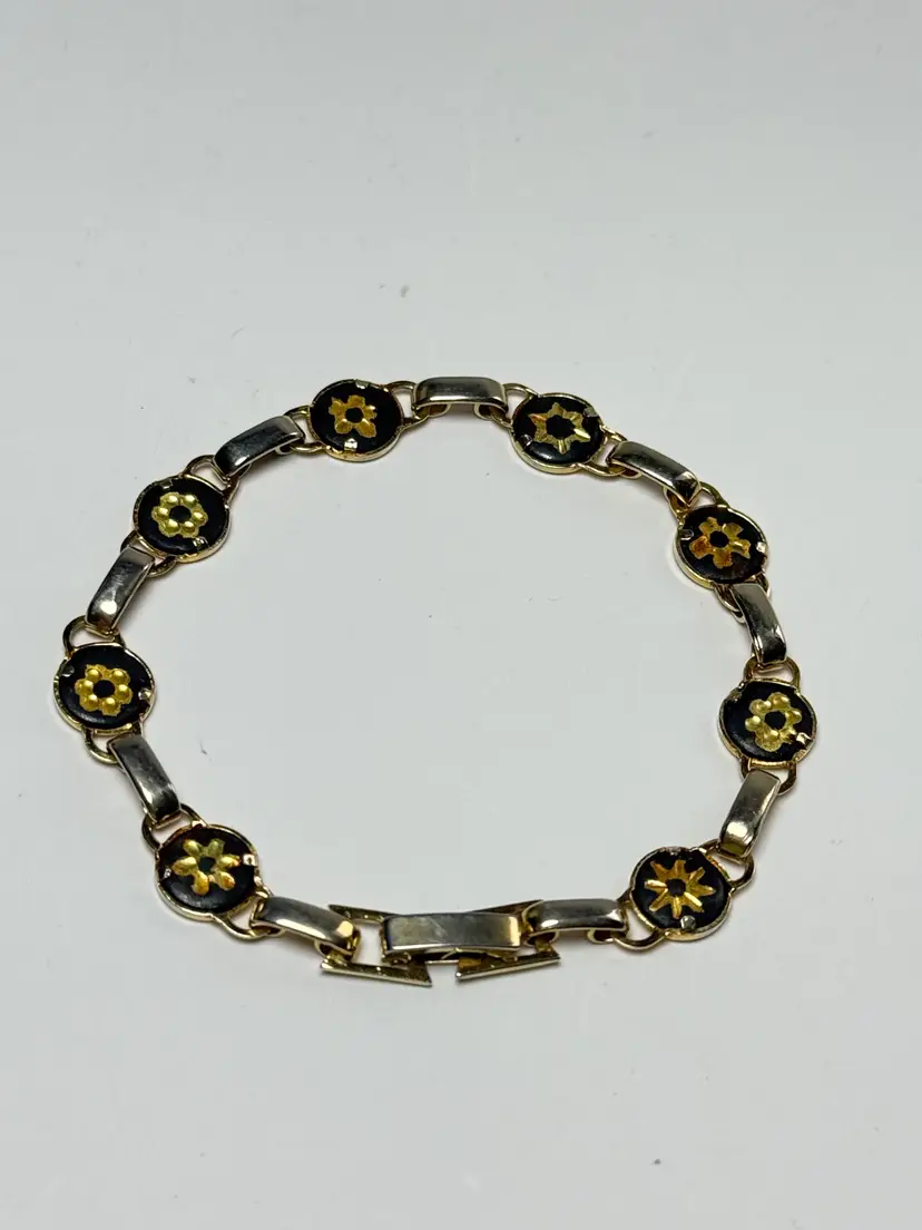 Vintage 6.5" Gold Tone Black Damascene Bracelet Floral Link