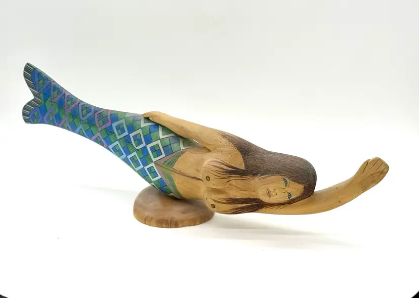 Mermaid Figurine Original Zuni Native American Wood Carving Signed 22”L
