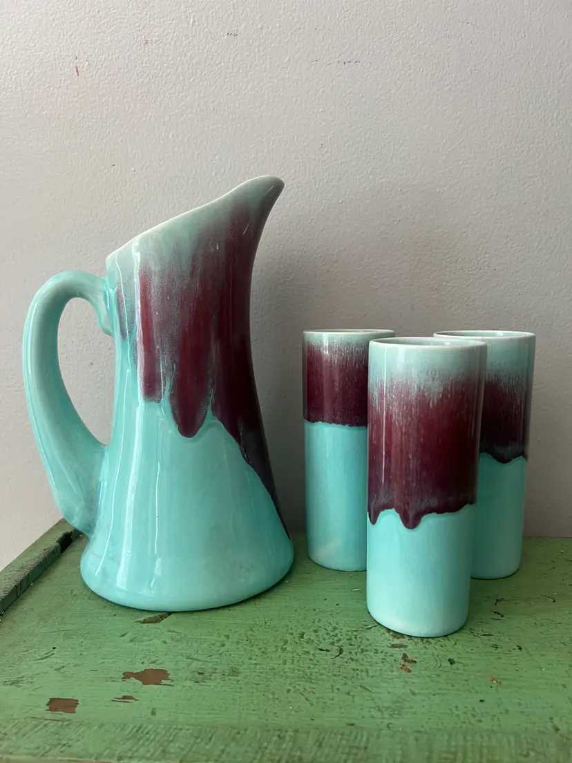 Retro Pitcher Set by Allen's California USA Pottery. 4 Piece Set with 3 Glasses. Blue Purple Drip Glaze Ceramic Mid Century 1950s Serving