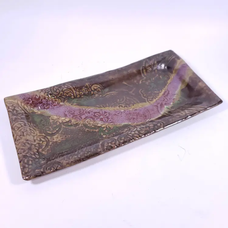 Signed STUDIO POTTERY Impressed Floral Green Purple Rustic Folk Art TRINKET DISH