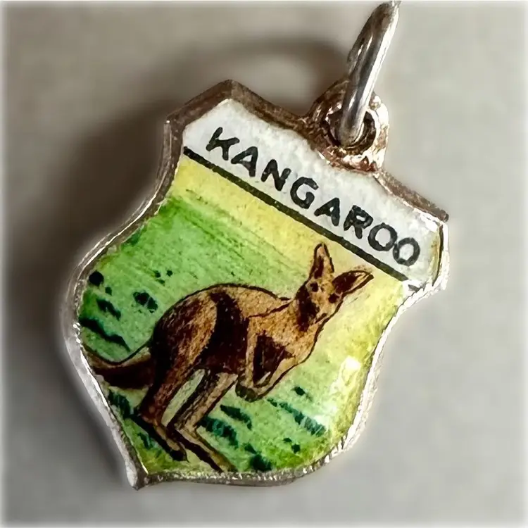Australia - Kangaroo - Vintage Enamel Souvenir Travel Shield Bracelet Charm - Silver Plate