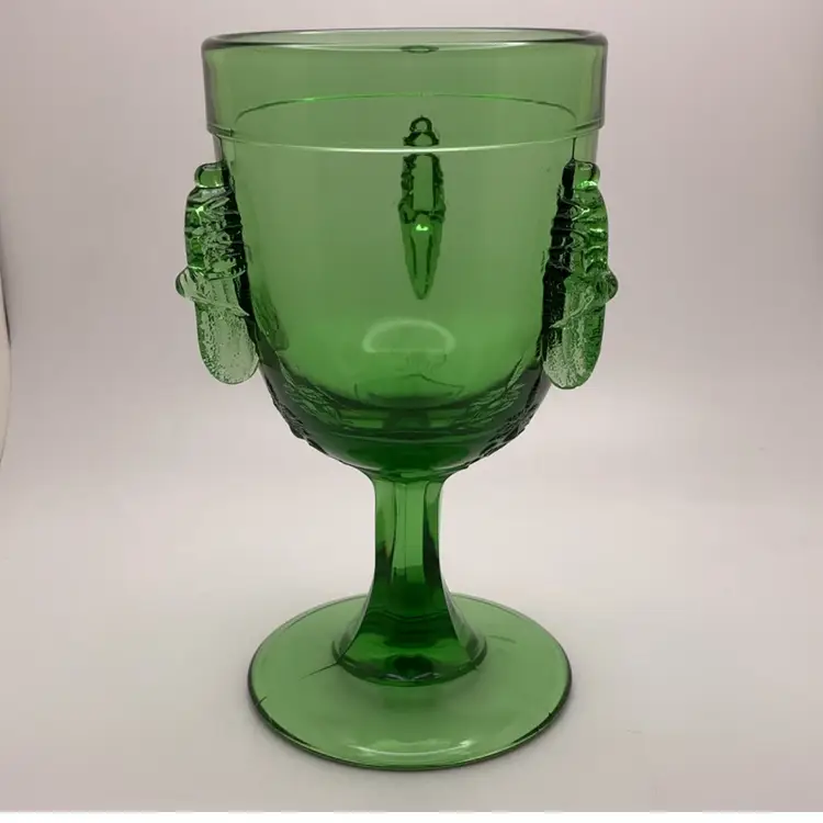 POW3 Green Glass Goblet with Applied Grasshoppers by LG Wright? 6”